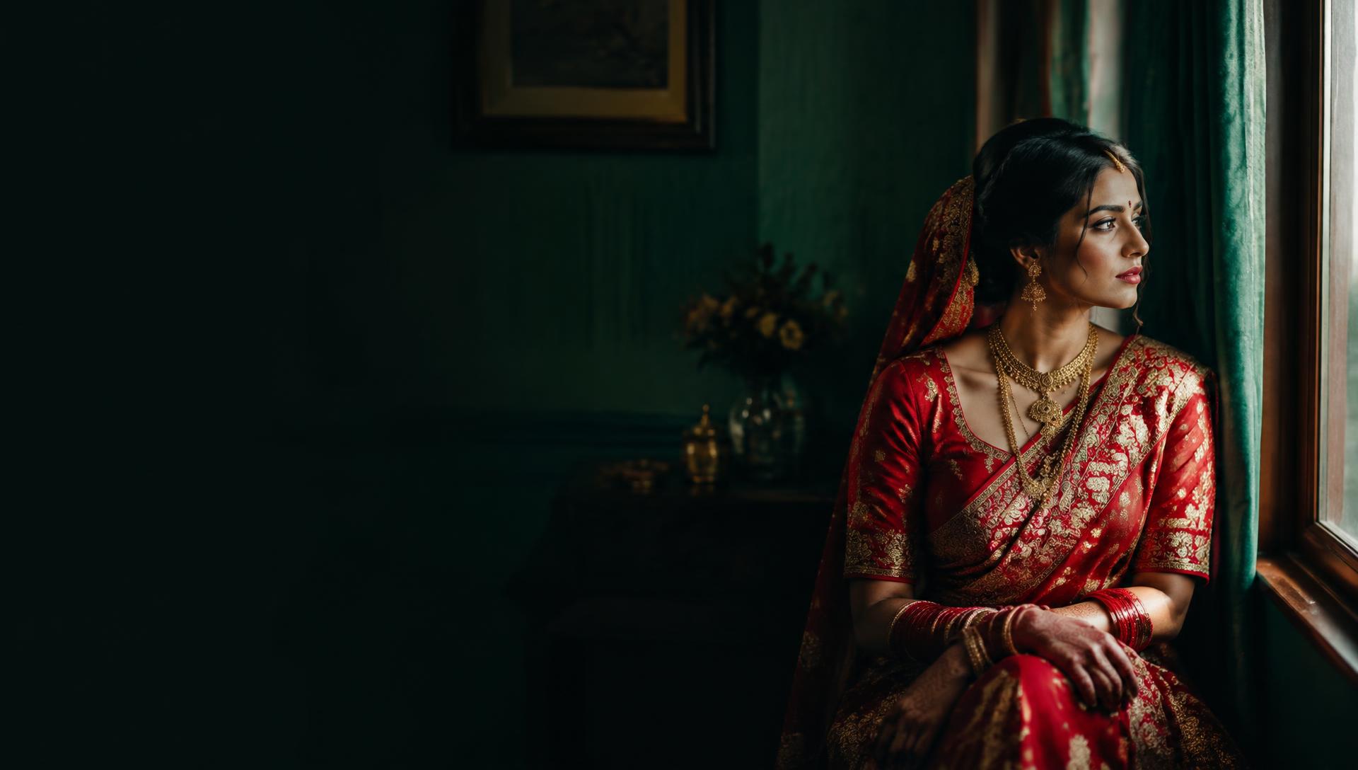 Nepali bride in a red sari seated by a window, wearing gold jewellery