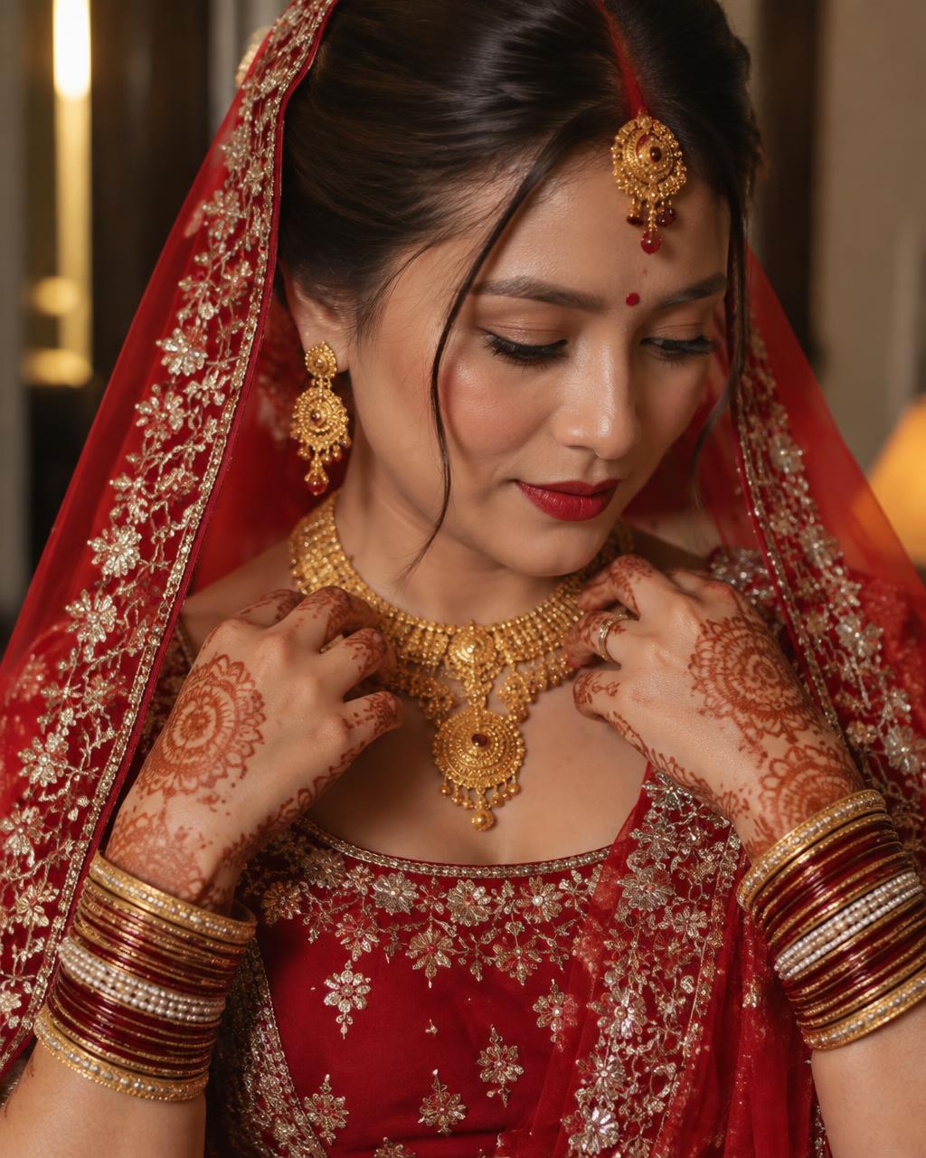 Nepali bride with mehendi hands touching her gold bridal necklace