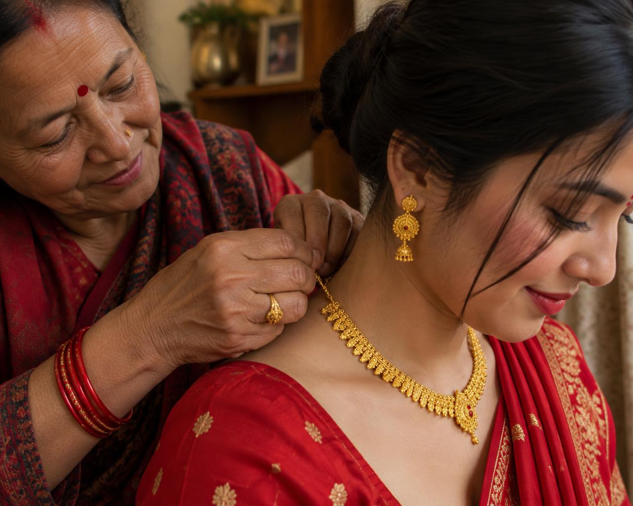 A mother fastening a gold necklace for her daughter dressed in red